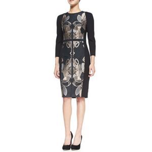 Ted Baker Tasiele 3/4 Sleeve W/ Brocade Front Sheath Dress Black Size 1 US 4
